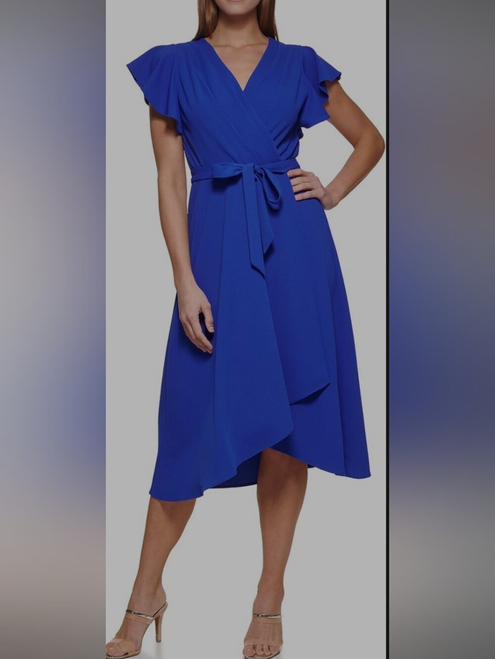 NWT DKNY Women's High Low Midi Dress Blue V Neck Flutter Sleeve Size 10